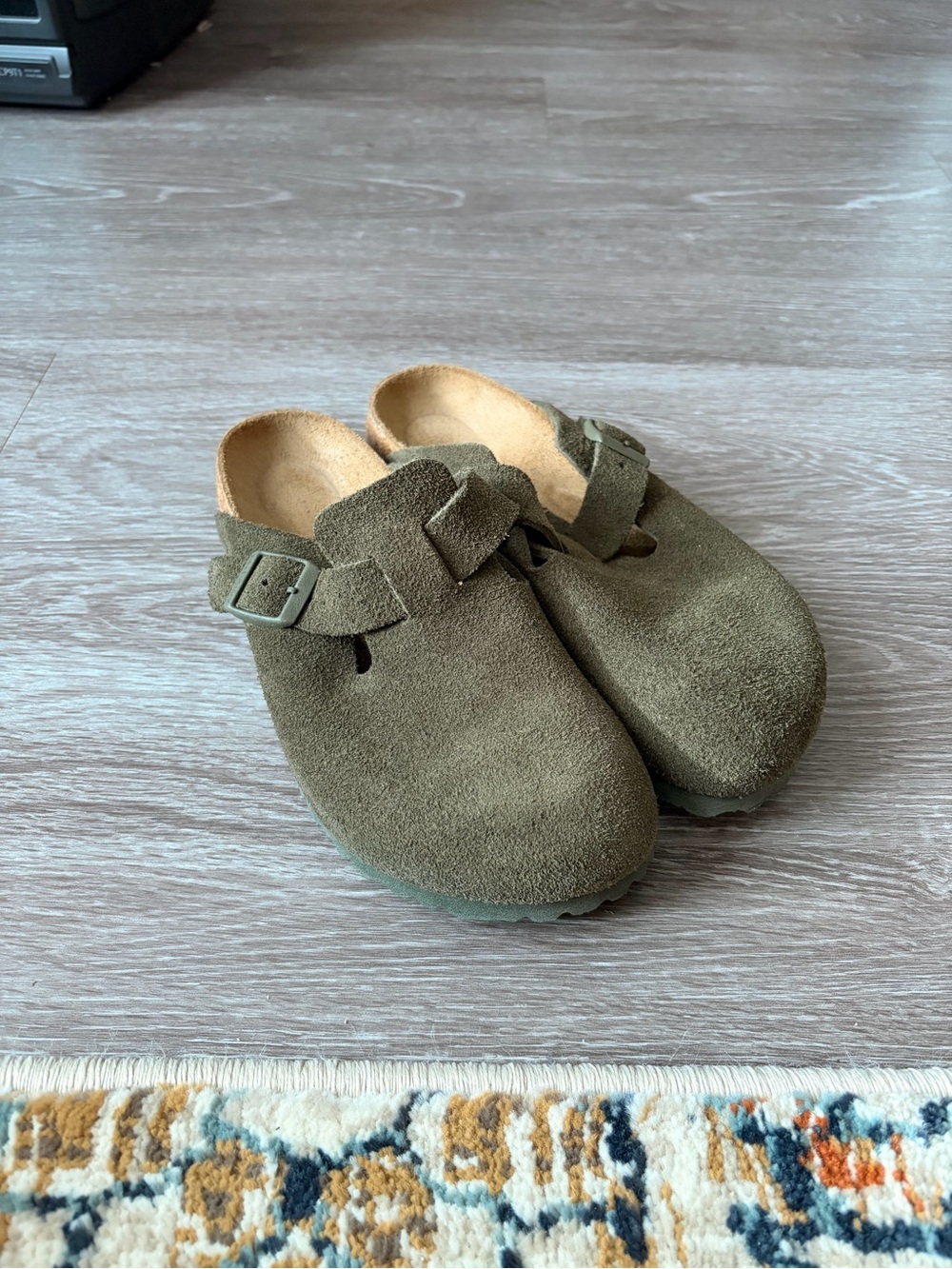 Woman’s Olive Green Suede Slip-On Clogs with Adjustable Strap